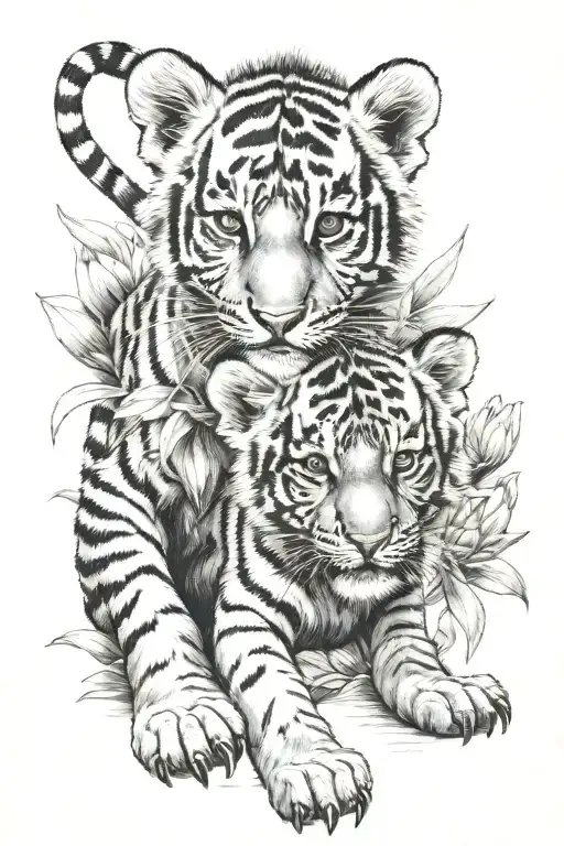 protea, tiger cubs playing tattoo design idea