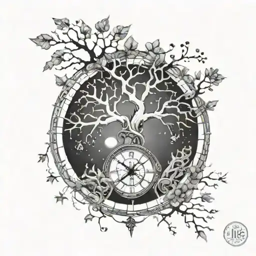 A cosmic tree of life intertwined with a skeletal clock representing the passage of time tattoo design idea