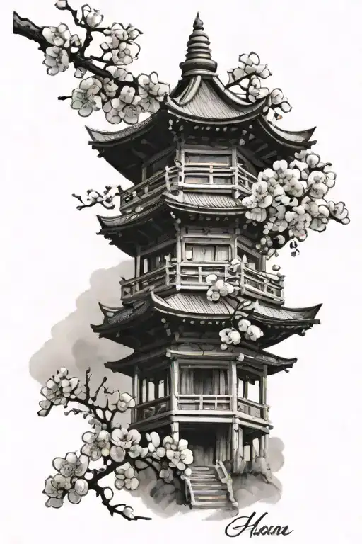 Realism tattoo design with black ink, of a Japanese pagoda as a central element and cherry blossoms tattoo design idea