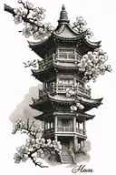 Realism tattoo design with black ink, of a Japanese pagoda as a central element and cherry blossoms tattoo design idea