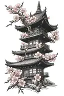 Realism tattoo design with black ink, of a Japanese pagoda as a central element and cherry blossoms tattoo design idea
