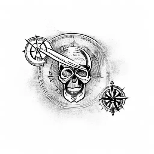 A skull with a compass design on its forehead, surrounded by crossed swords, over a latin cros and a Latin phrase banner tattoo design idea