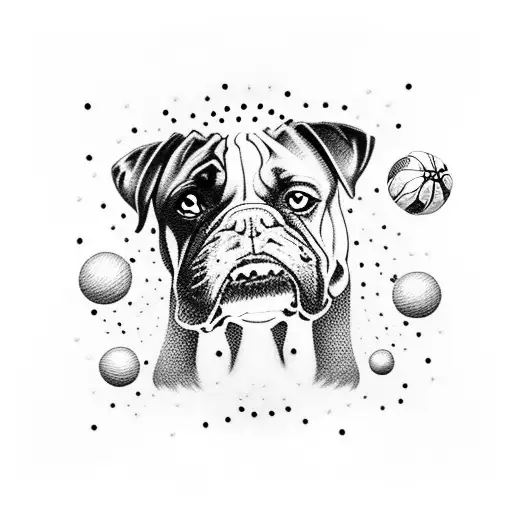 A whimsical design featuring a playful boxer dog chasing after a ball, with the number 222 hidden in the background tattoo design idea