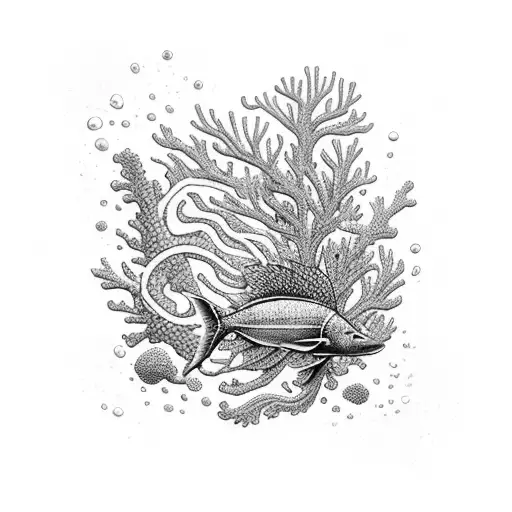 A detailed underwater scene with a scuba diver exploring a coral reef, surrounded by symbols of swimming, cycling, and yoga tattoo design idea