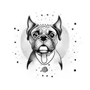 A whimsical design featuring a playful boxer dog chasing after a ball, with the number 222 hidden in the background tattoo design idea