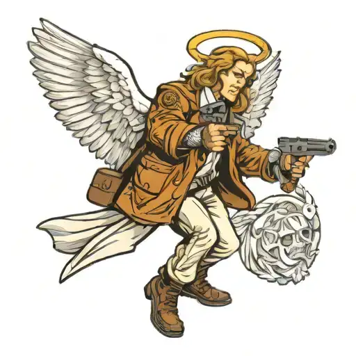 An Angel wearing a biker kutte while pointing a gun to the right tattoo design idea