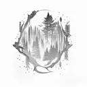 A guitar with a forest landscape inside the body tattoo design idea