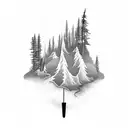 A guitar with a forest landscape inside the body tattoo design idea