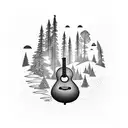 A guitar with a forest landscape inside the body tattoo design idea