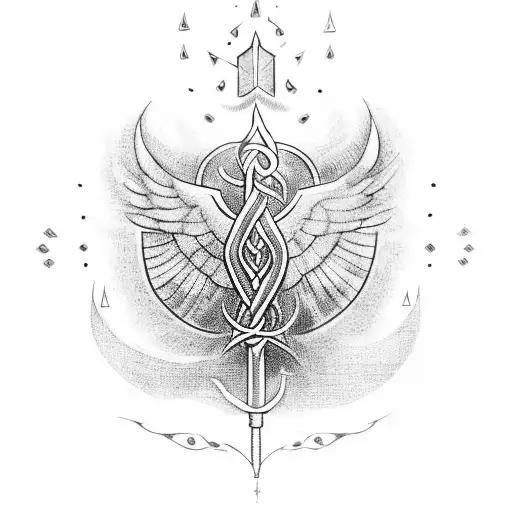 A healer's staff or caduceus leaning against a rock or a tree, partially illuminated by the light from the shield tattoo design idea