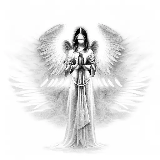 A celestial presence—a guardian angel or a spiritual figure—partially shrouded in shadows but radiating a soft, protective light tattoo design idea