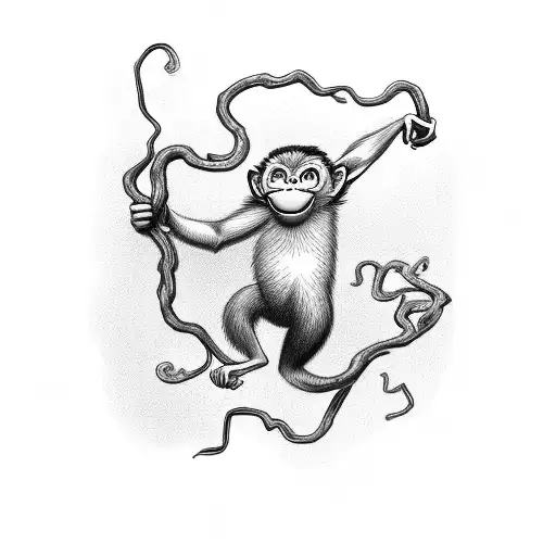 A mischievous monkey swinging from a vine tattoo design idea