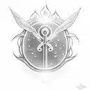 A healer's staff or caduceus leaning against a rock or a tree, partially illuminated by the light from the shield tattoo design idea