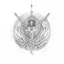 A healer's staff or caduceus leaning against a rock or a tree, partially illuminated by the light from the shield tattoo design idea