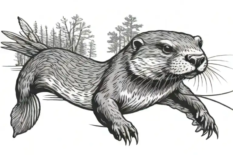 river otter fly fishing scene tattoo design idea