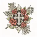 roman numerals with a cross surrounded by roses tattoo design idea