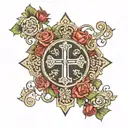 roman numerals with a cross surrounded by roses tattoo design idea