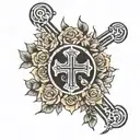 roman numerals with a cross surrounded by roses tattoo design idea