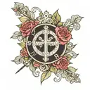 roman numerals with a cross surrounded by roses tattoo design idea