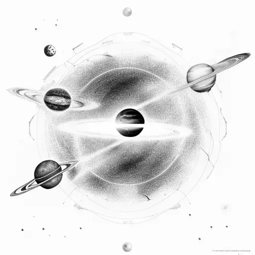 Pulsar map with solar system , cassini , James Webb Space telescope and planets and blackhole tattoo design idea