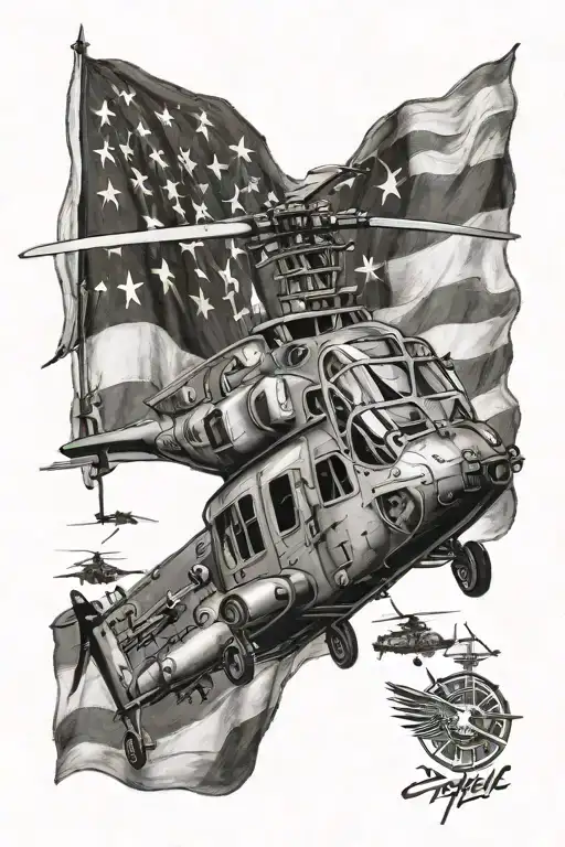 American flag, Apache helicopter, patriotic  tattoo design idea