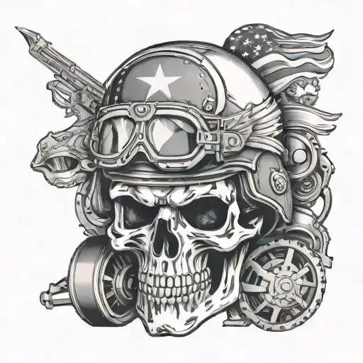 A skull wearing a military helmet adorned with patriotic symbols and motorcycle gears tattoo design idea