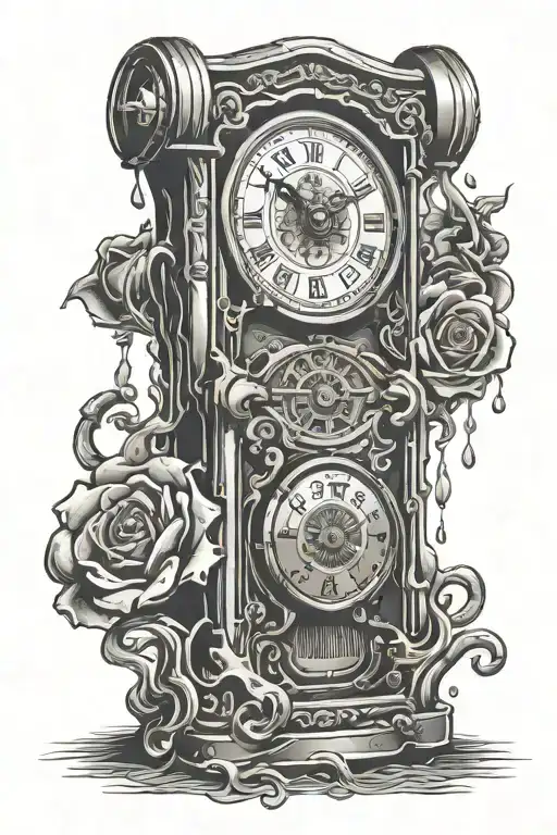 melting clock with a slot machine and a good background tattoo design idea