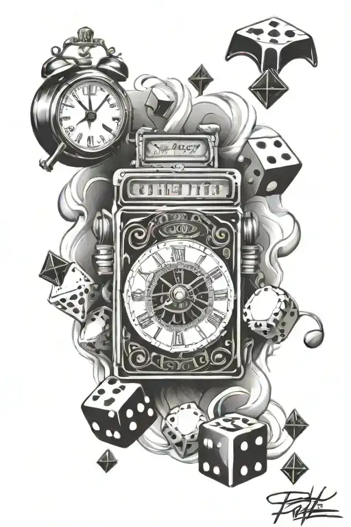 slot machine, clock, poker, dices and cards tattoo design idea