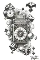 slot machine, clock, poker, dices and cards tattoo design idea