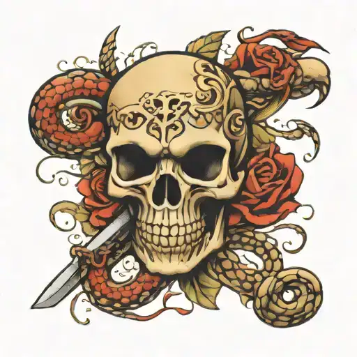 skeleton of snake wrapped around sword tattoo design idea