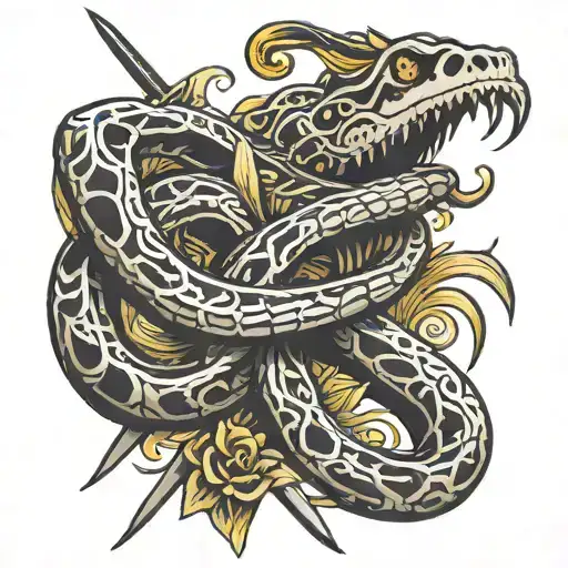 skeleton of snake wrapped around sword tattoo design idea