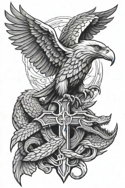 Christian Cross with an eagle and alligator  tattoo design idea