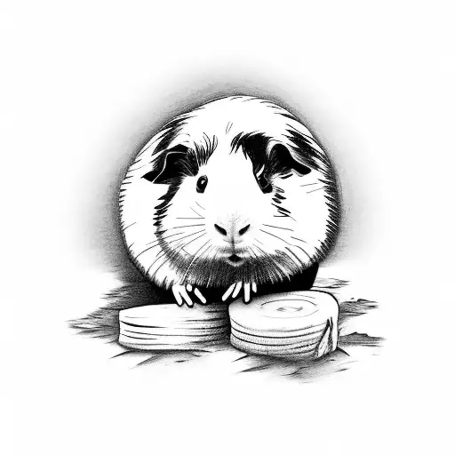 A serene guinea pig sitting on a stack of wooden logs, with delicate pyrography designs etched on the logs. tattoo design idea
