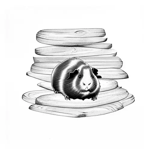 A serene guinea pig sitting on a stack of wooden logs, with delicate pyrography designs etched on the logs. tattoo design idea