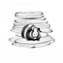 A serene guinea pig sitting on a stack of wooden logs, with delicate pyrography designs etched on the logs. tattoo design idea