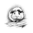 A serene guinea pig sitting on a stack of wooden logs, with delicate pyrography designs etched on the logs. tattoo design idea