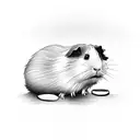 A serene guinea pig sitting on a stack of wooden logs, with delicate pyrography designs etched on the logs. tattoo design idea