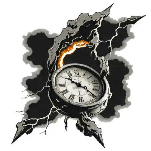 broken clock hit by lightening bolt tattoo design idea