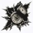 broken clock hit by lightening bolt tattoo design idea