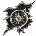 broken clock hit by lightening bolt tattoo design idea