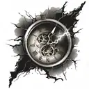 broken clock hit by lightening bolt tattoo design idea