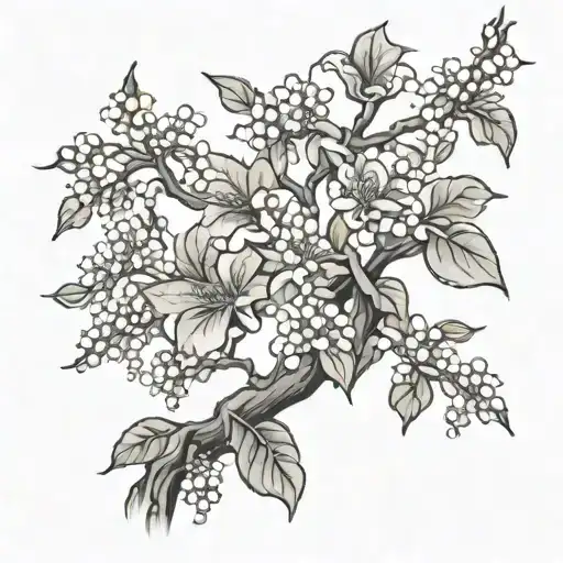 A tattoo design of a fig tree with delicate lily of the valley flowers growing around it, representing the client's favorite things in a unique way tattoo design idea
