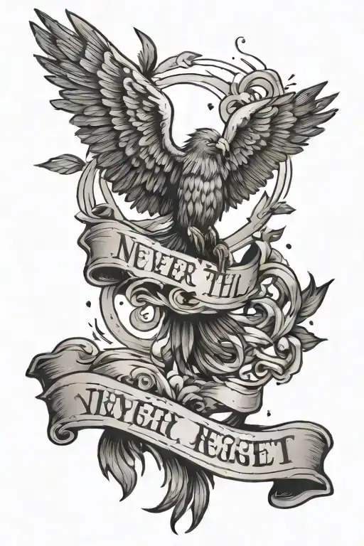 icarus falling with a phrase "never regret thy fall" in a font that shows strength tattoo design idea