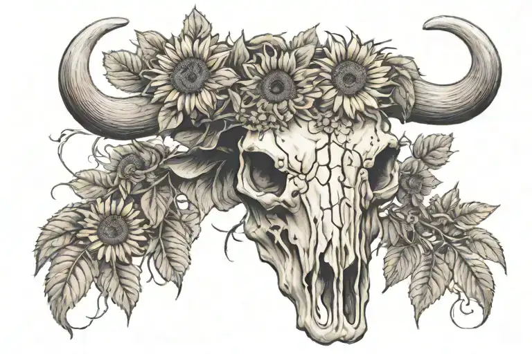 Longhorn Cow Skull with vines wrapped around its horns with sunflowers. tattoo design idea