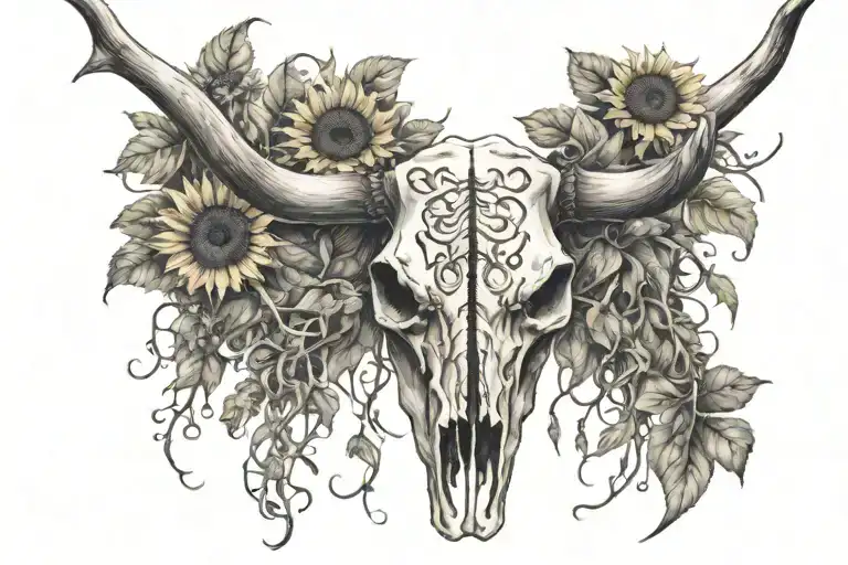 Sternum tattoo of Longhorn Cow skull with vines wrapped around its horns with sunflowers  tattoo design idea