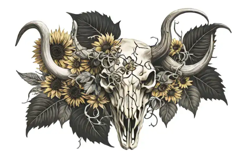 Longhorn Cow skull with vines wrapped around its horns with sunflowers  tattoo design idea