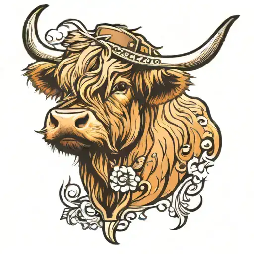 highland cow and cowboy hat holding tattoo design idea