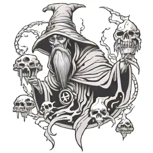 evil wizard with skulle, mushrooms and Lightning bolts flowing around him tattoo design idea