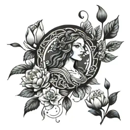 A modern interpretation of Ophelia from Shakespeare's Hamlet surrounded by water lilies and symbolic elements tattoo design idea