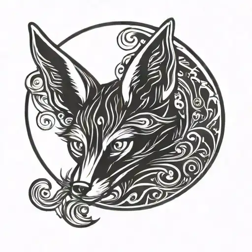 black silhouette, fennec fox head in front of a crescent moon, tattoo, tribal, solid black tattoo design idea